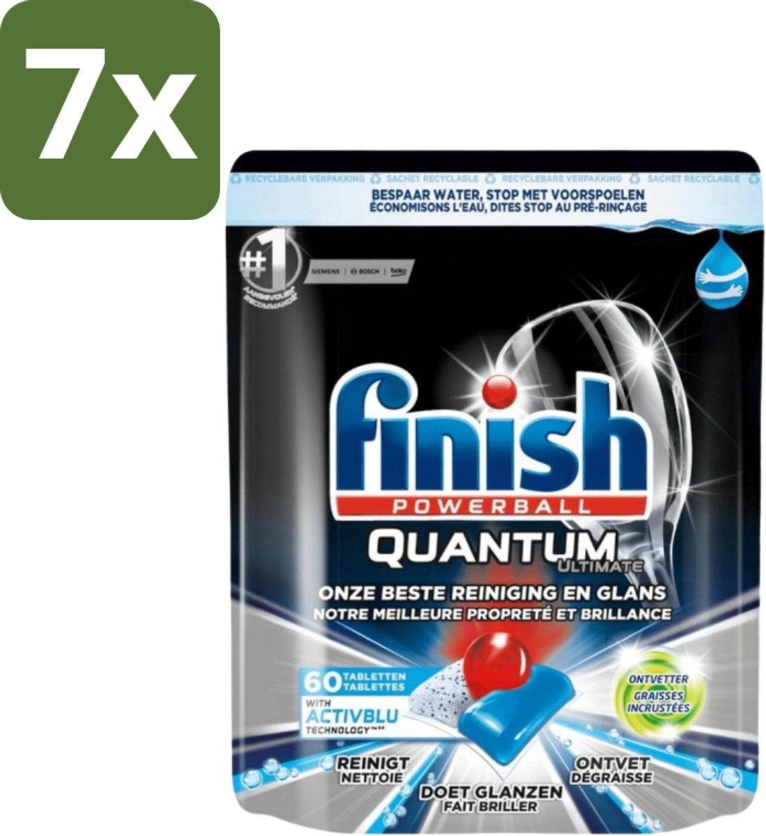 7 x Finish Powerball - Quantum Ultimate - Vaatwastabletten - Ontvetter - 60 Tabletten - Vaatwasmiddel - Vaatwastablet - Ontvetter - Vaat Reinigen - Vaatwasser
