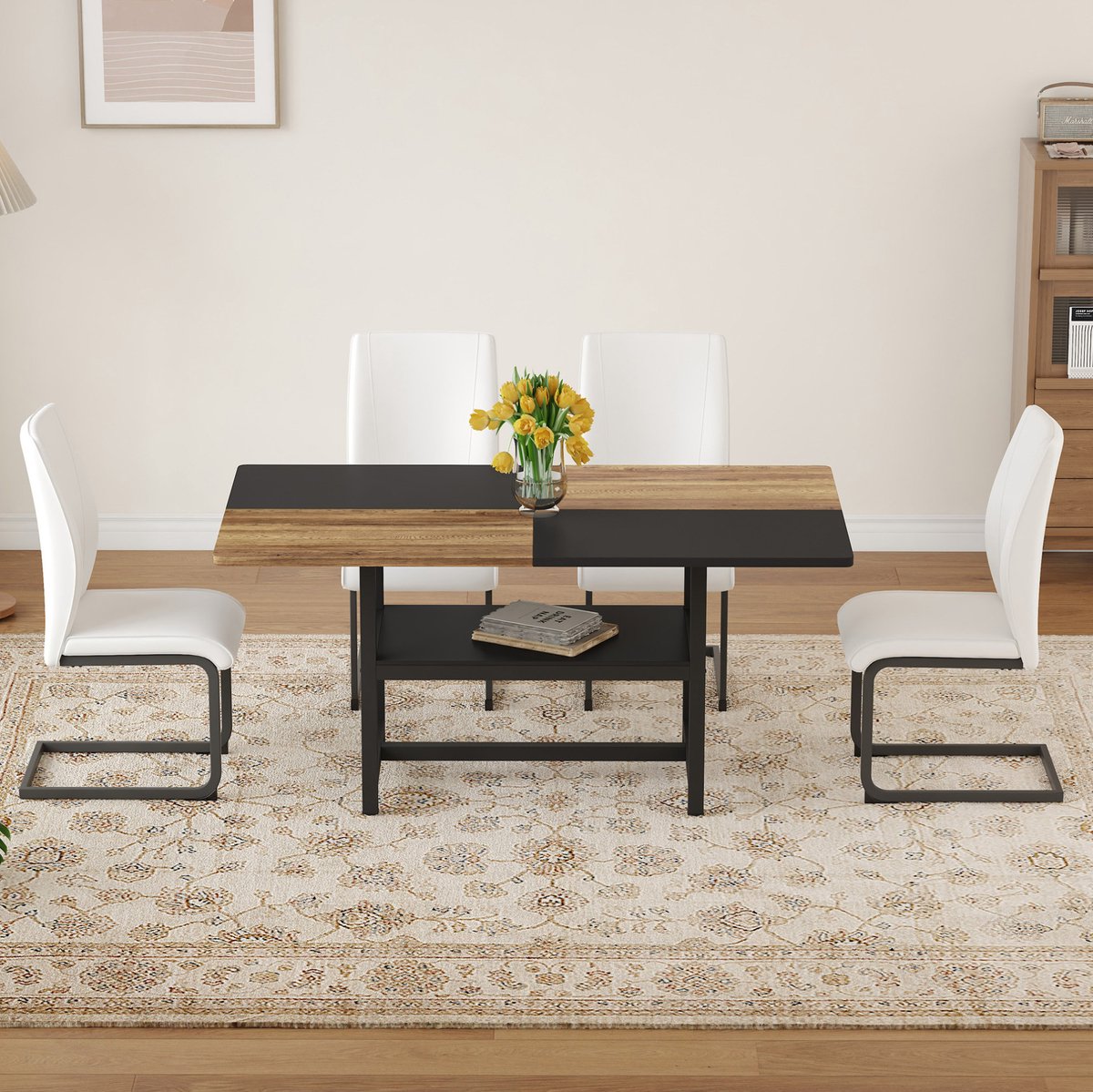 Wishdor Eettafelset met 4 stoelen - Modern en strak - Opbergrek onder tafel - Houtlook en metaal - Woonkamer eetkamer keuken - Wit en hout - 160 x 90 x 76 cm
