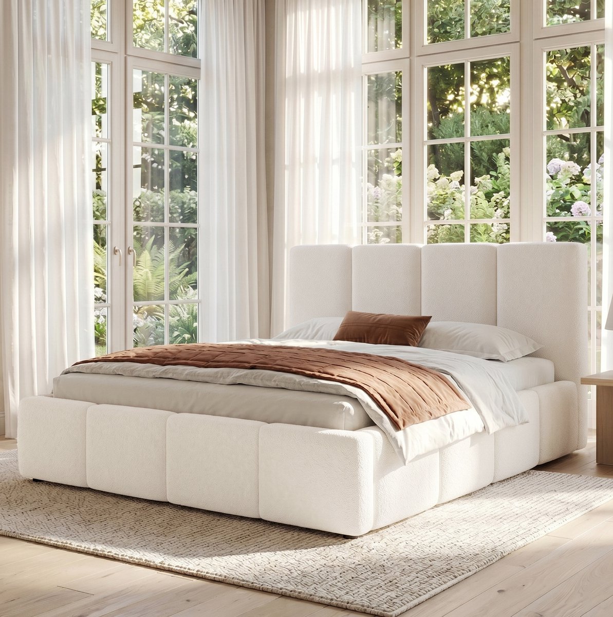 Wishdor Tweepersoonsbed 180 x 200 cm - Gestoffeerd hoofdgedeelte - Lattenbodem en omrand frame - Modern minimalistisch - Slaapkamer - Bouclé - Beige - 222 x 202 x 94 cm