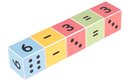 Vier gekleurde blokjes op een rij: 6, -, 3, =.