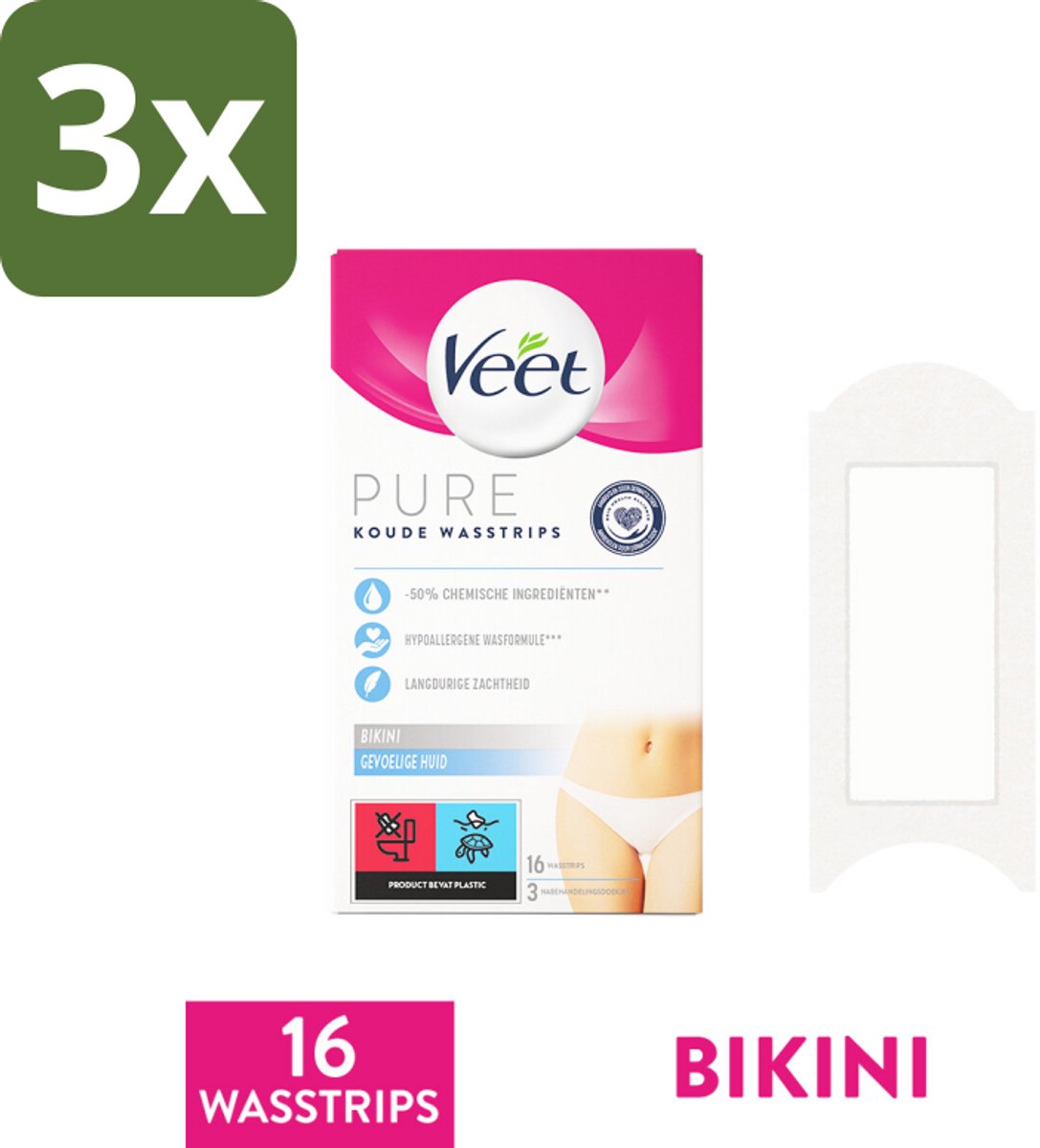 3 x Veet Ontharingsstrips Bikinilijn Pure Gevoelige Huid 16 stuks per verpakking - Ontharen Bikini - Ontharingsstrips - Ontharing Huid - Hypoallergene Ontharing - Ontharing Gevoelige Huid