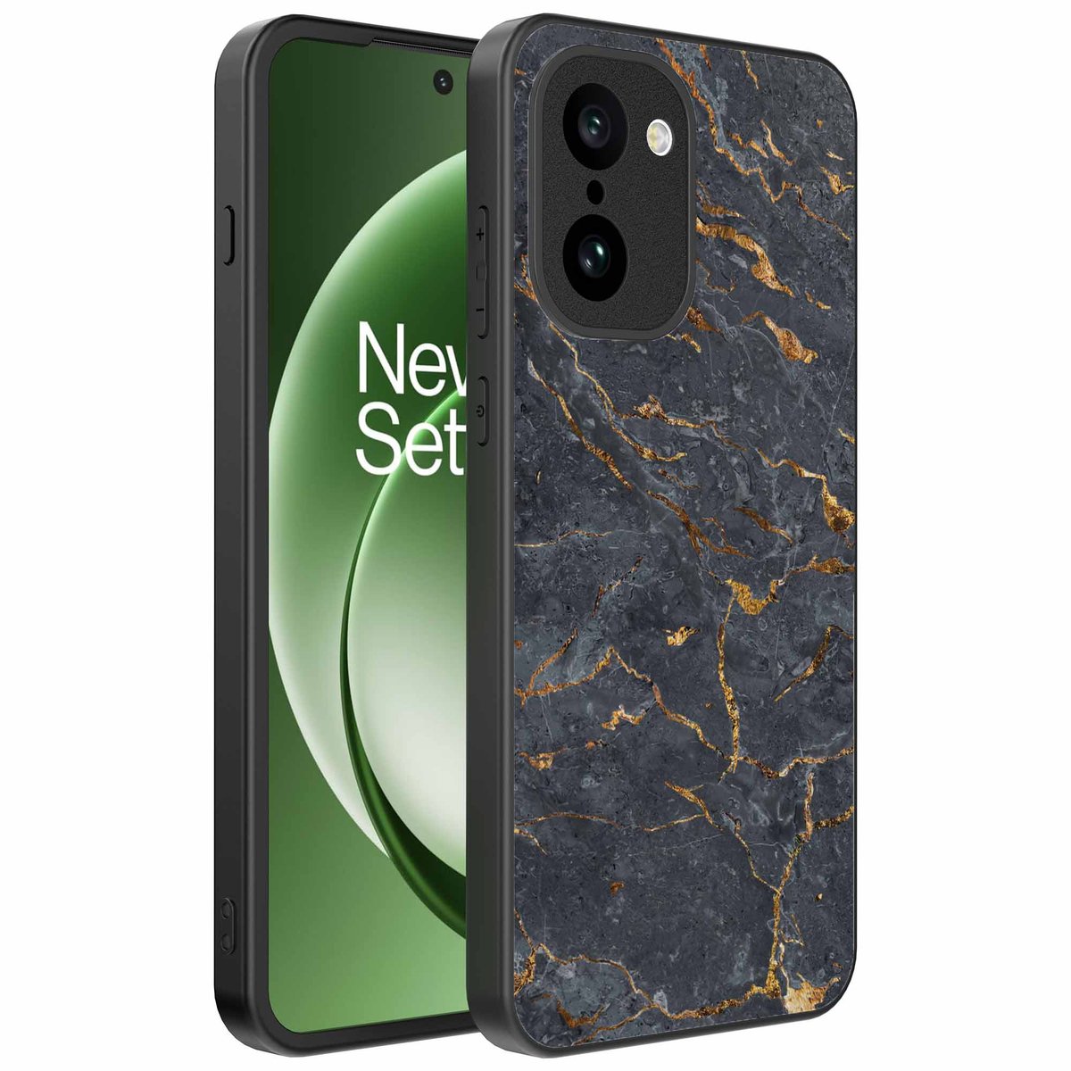 Geschikt voor OnePlus 15R Telefoonhoesje met Grijs Goud Marmer Opdruk - TPU Backcover Case Grey Gold Marble Design - Zwart - Smartphonica geschikt voor OnePlus 15R