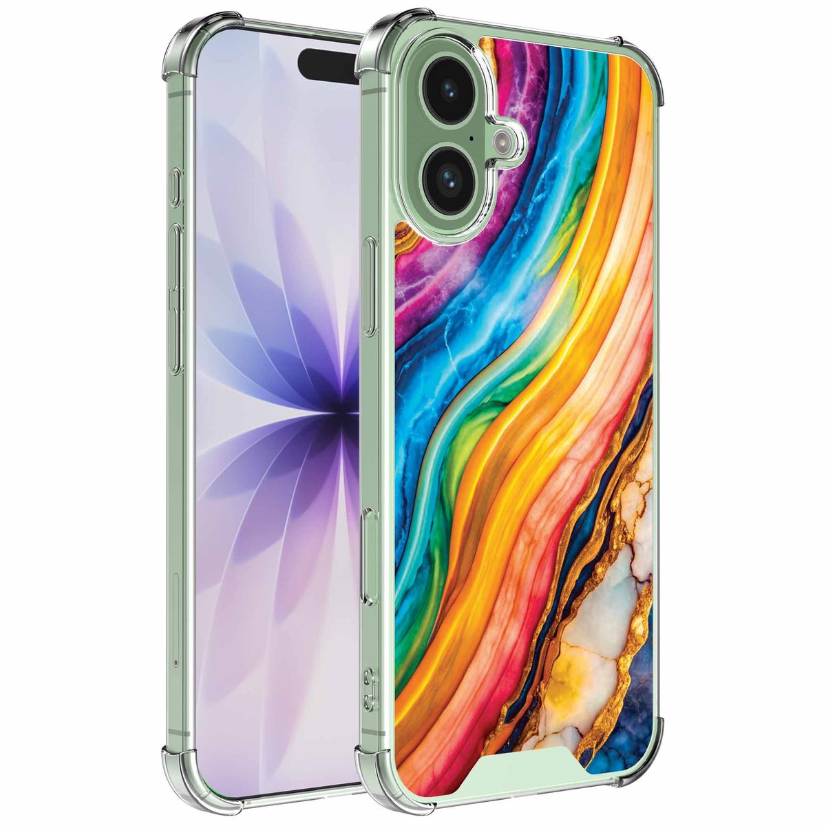 Smartphonica Geschikt voor iPhone 17 Telefoonhoesje met Goud Regenboog Marmer opdruk - Draadloos op te laden - Shockproof Siliconen TPU Strong Case - Sterk Schokbestendig Telefoonhoesje geschikt voor iPhone 17