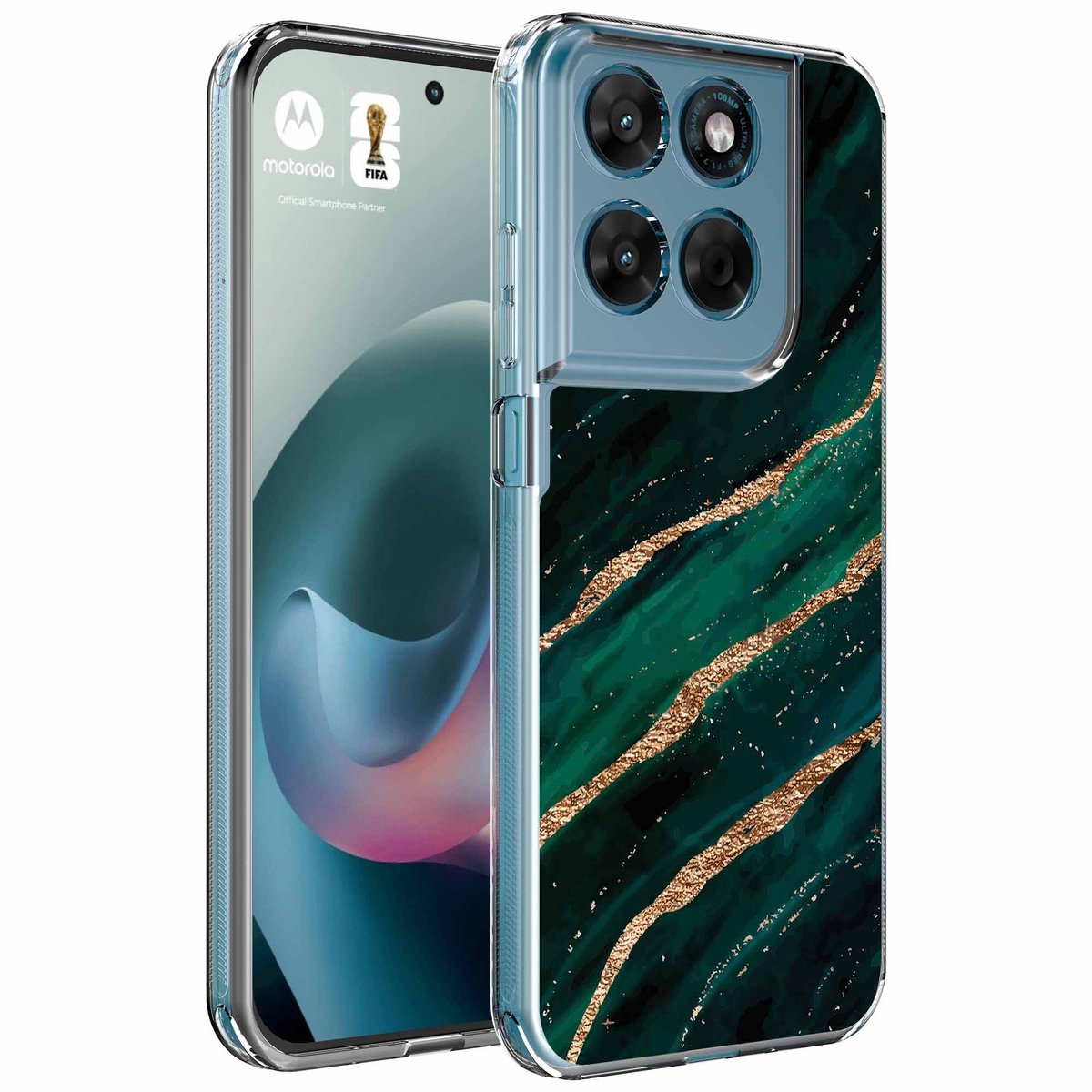 Smartphonica Geschikt voor Motorola Moto G77 Telefoonhoesje met Goud Groen Marmer opdruk - Draadloos op te laden - Shockproof Siliconen TPU Strong Case - Sterk Schokbestendig Telefoonhoesje geschikt voor Motorola Moto G77