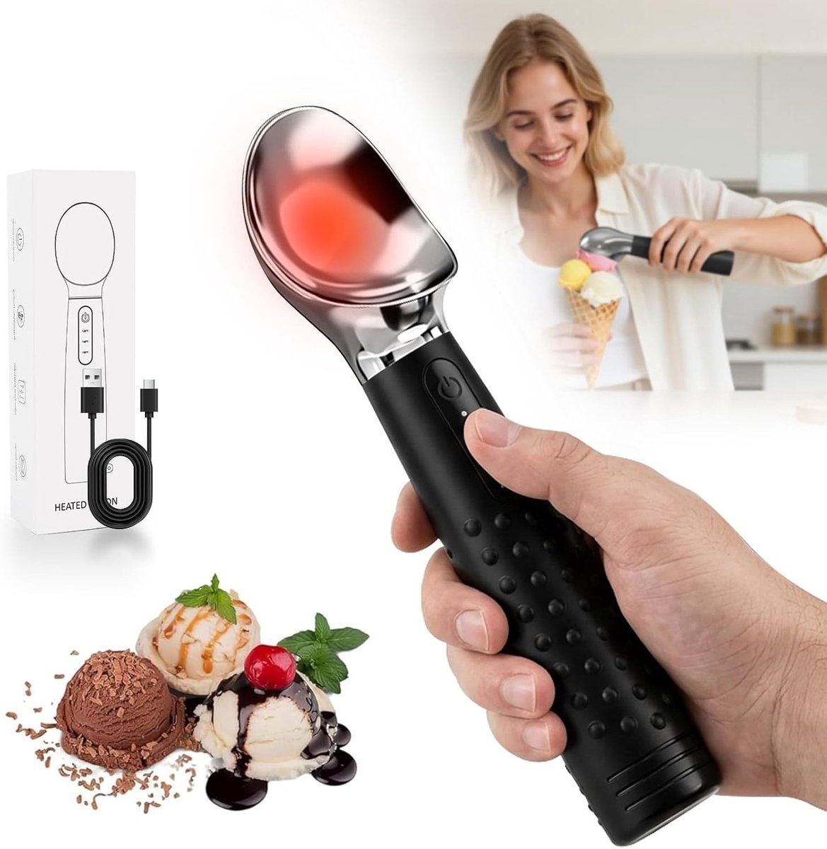 Verwarmde IJslepel met 3 Temperatuurinstellingen, Oplaadbare IJslepel, Ideaal voor Gelato en Sorbet met LED Display en Duurzaam Ontwerp