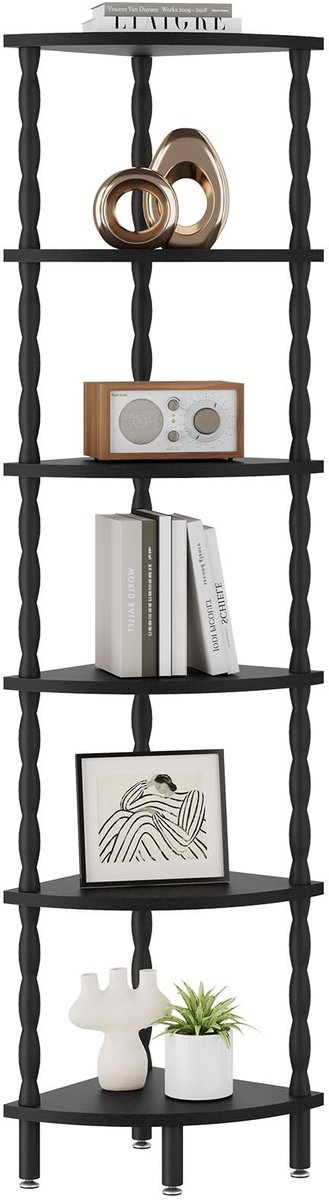 IBUYKE 6-Tier Corner Shelf,Stylish Corner Bookshelf for Small Spaces,Industrial Corner Storage Display Shelves Black - ShopVlot