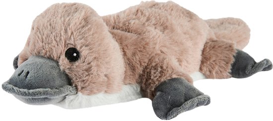 Bruin pluche vogelbekdier knuffel met grijze poten en snuit.