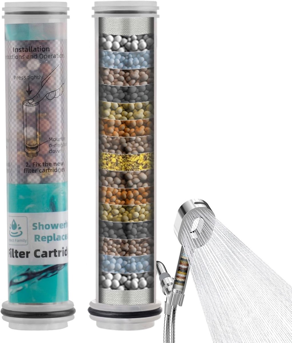 Set van 2 Douchefilters, Vervangcartridges voor Handdouches, Verwijdert Chloor en Zware Metalen, Verzacht Hard Water voor Gezonde Huid en Haar