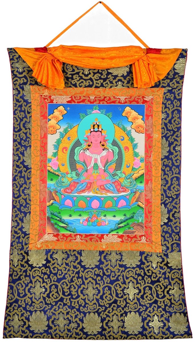 Solidchoice - Thangka Amitayus Buddha Schilderij - Handgeschilderd in Tibetaanse Brocade Lijst 112 cm x 72 cm