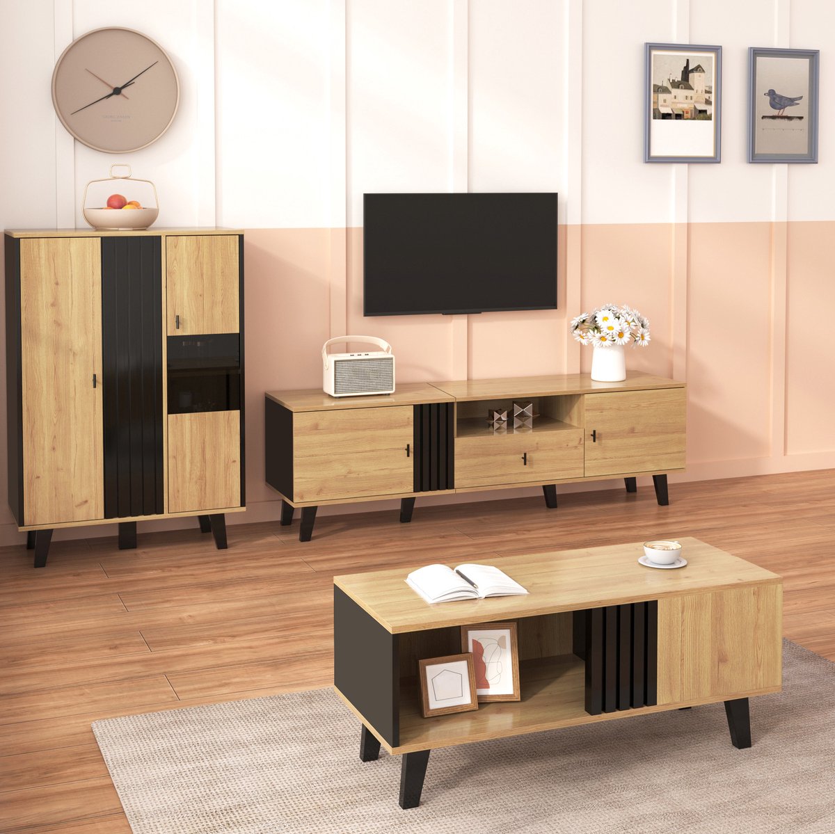COVREO Woonkamerkast set 170x40x50,5 cm zwart houtdecor, spaanplaat en glas