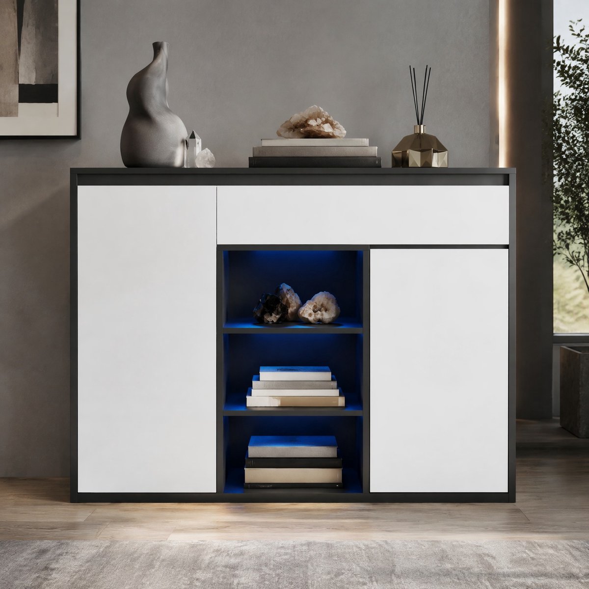 COVREO Schoenenkast 105 x 39,5 x 86 cm zwart wit, 2 deuren 1 lade, LED