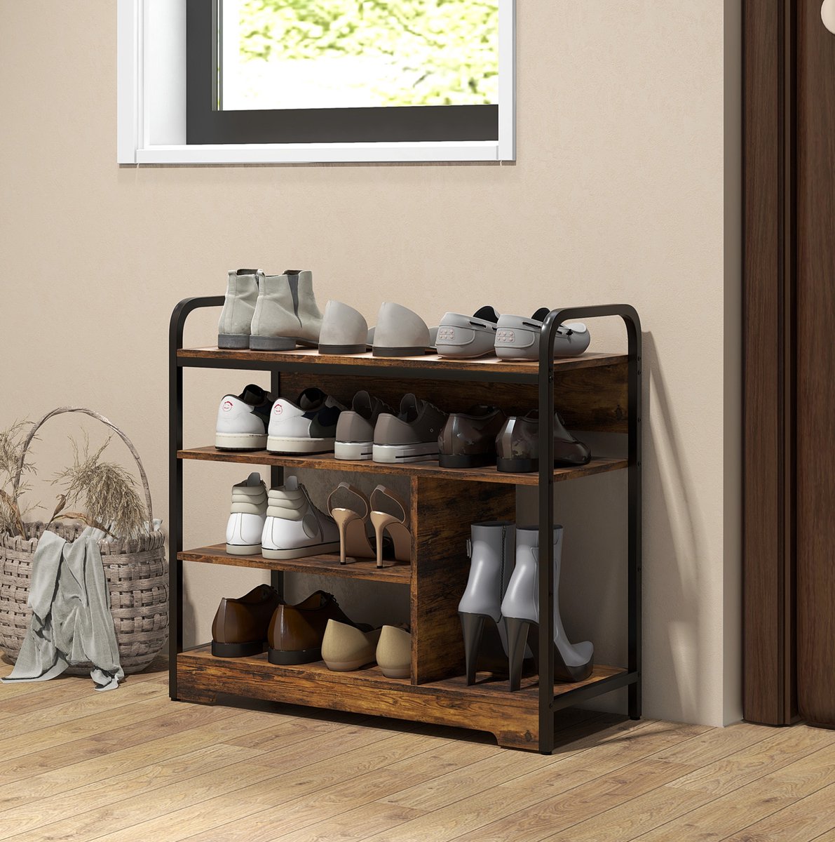 REDOM - Schoenenkast - 4 niveaus met hoger vak - Open staand rek - Extra vak voor laarzen en hakken - Industrieel - Hal of entree - Metaal en spaanplaat - Bruin - 70 x 30 x 65 cm
