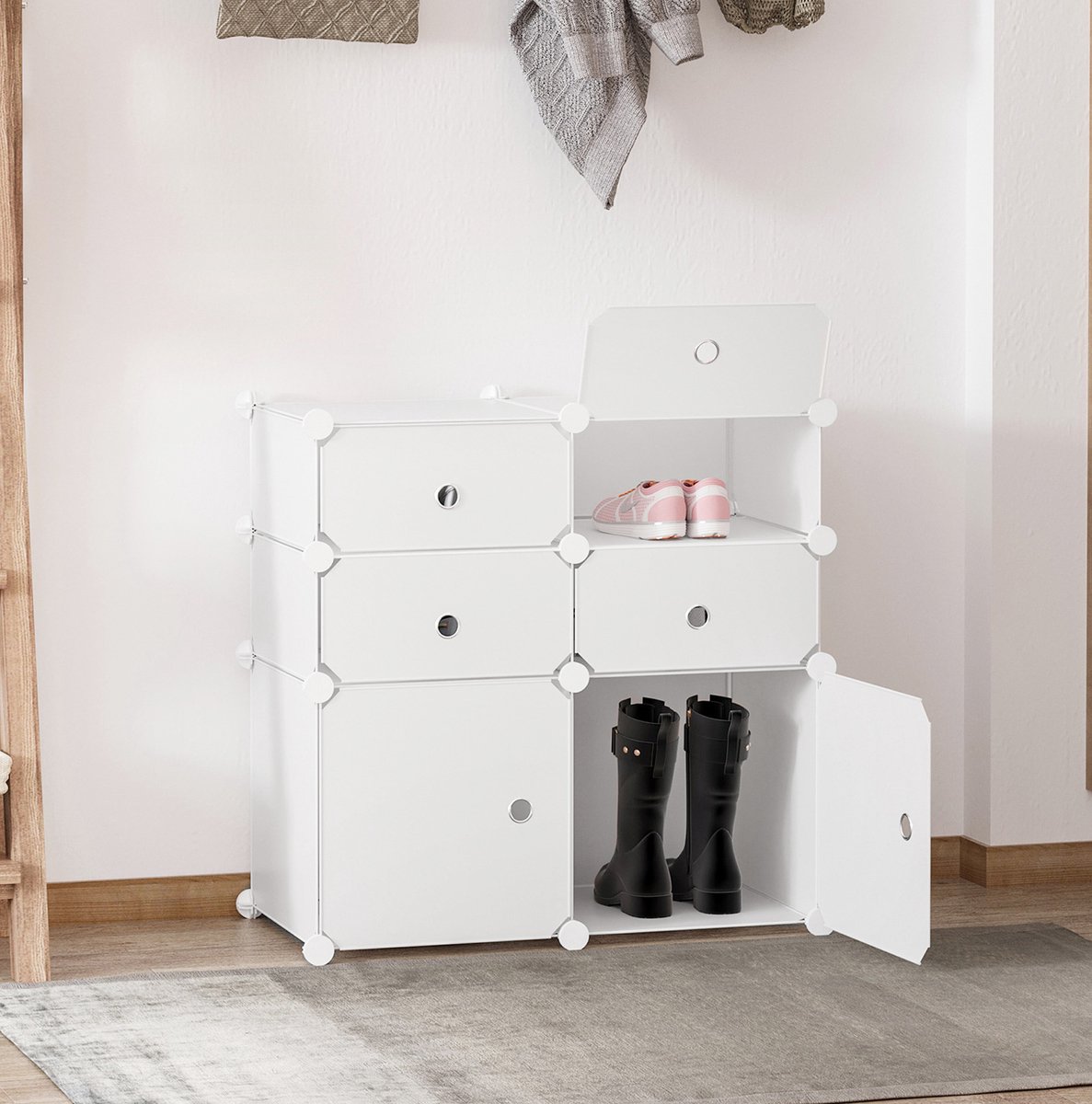 REDOM- Schoenenkast - Modulair ontwerp met 6 vakken - Opbergvakken met frontdeksel - Moderne stijl - Hal, slaapkamer en woonkamer - Kunststof en staal - Wit - 75 x 37 x 73 cm