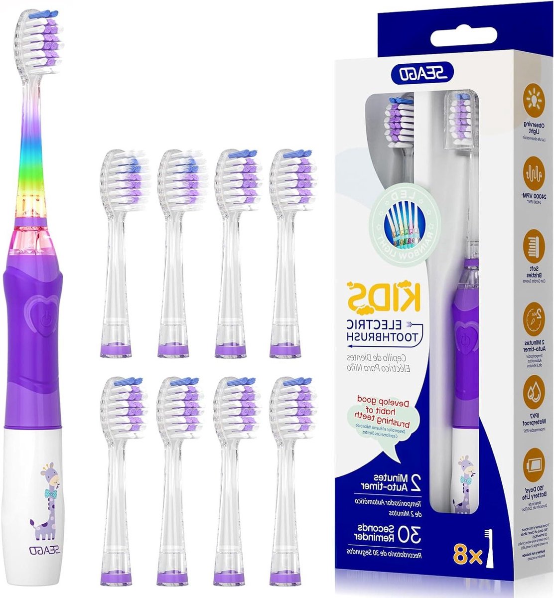 Elektrische Tandenborstel - Kindertandenborstel - Tandenpoetsen Leren - Met Kleurrijk Ledlicht - 8 Borstelkoppen - Violet