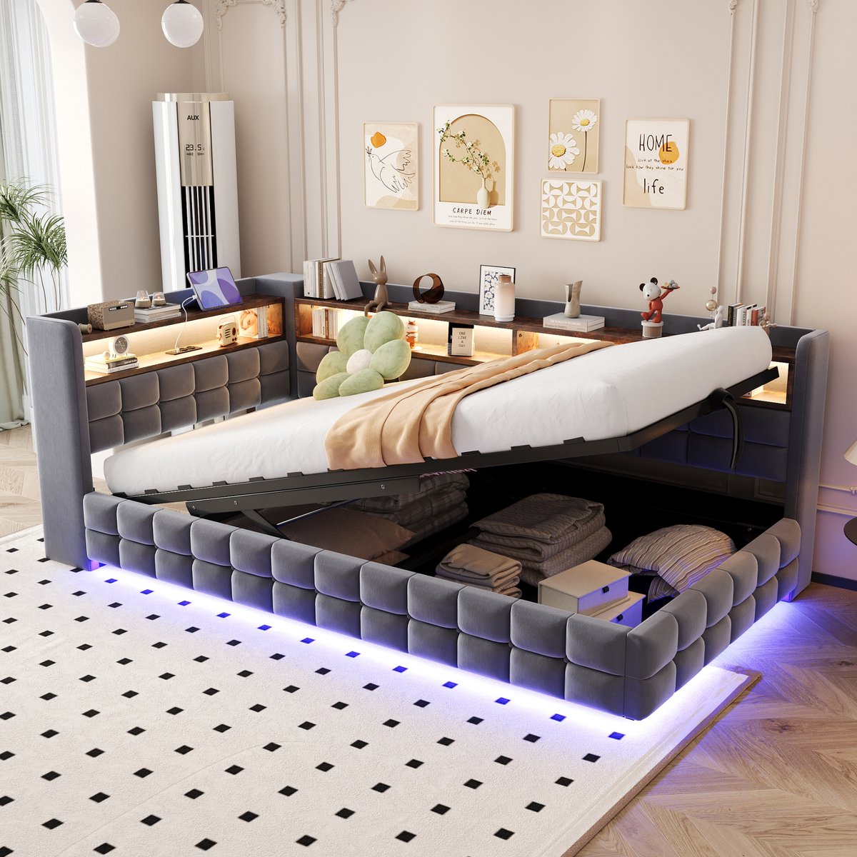 Slaapbank 90x200 cm - Met Opbergruimte - Met LED-verlichting - Met USB-aansluiting - Grijs
