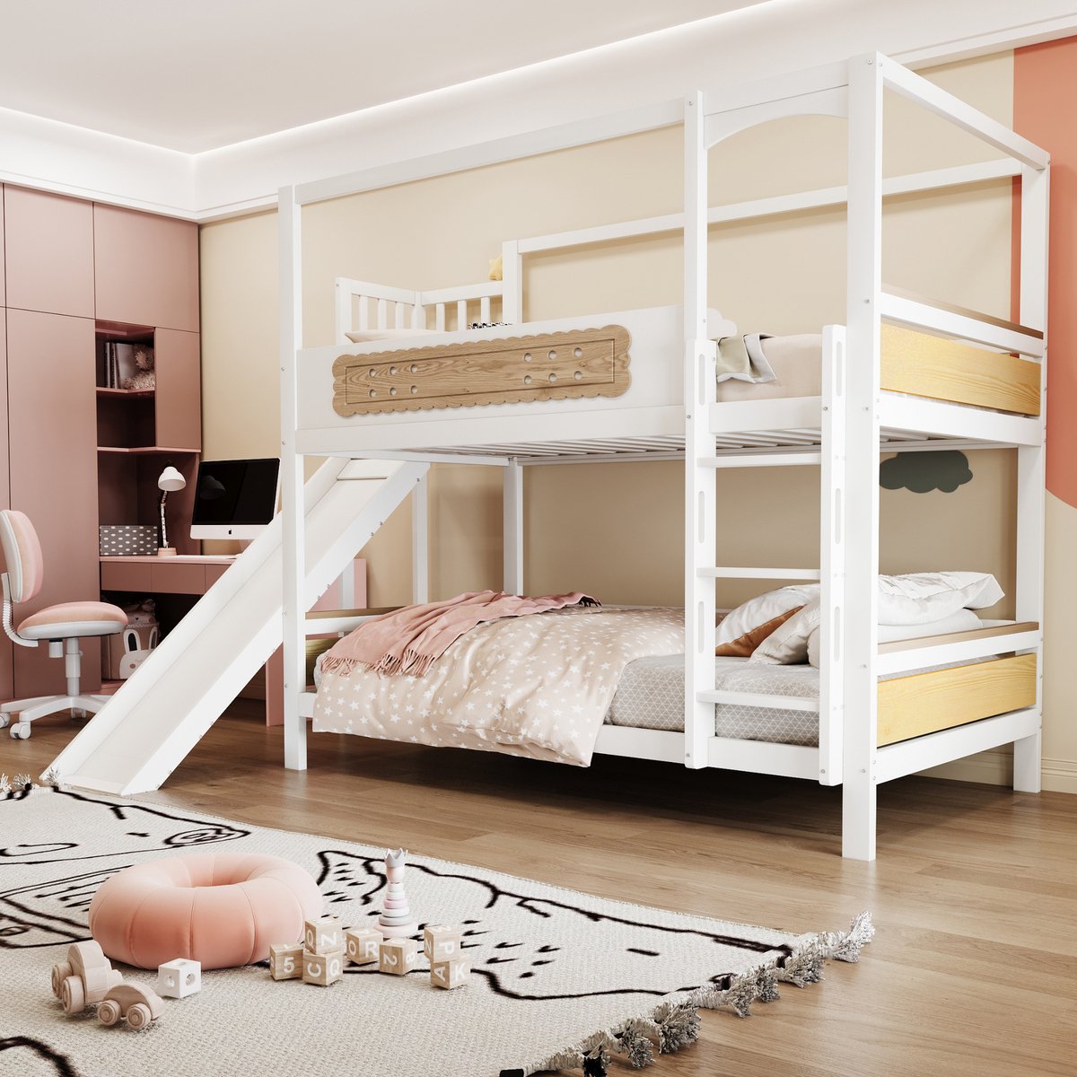 Stapelbed 90x200 cm - Met Ladder - Met Valbeveiliging - Met Opbergruimte - Naturel Wit