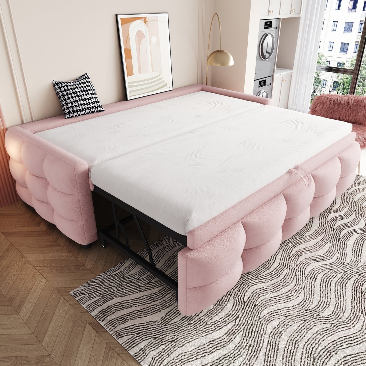 Slaapbank 180x190 cm - Met Fluweel - Uitschuifbaar - Roze