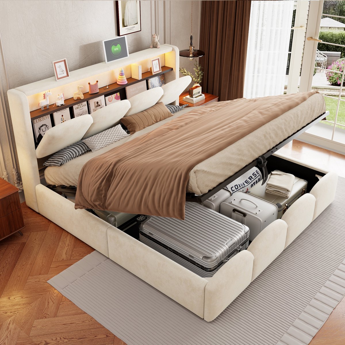 Gepolsterd Kinderbed 140x200 cm - Met Opbergruimte - Met LED-verlichting - Beige