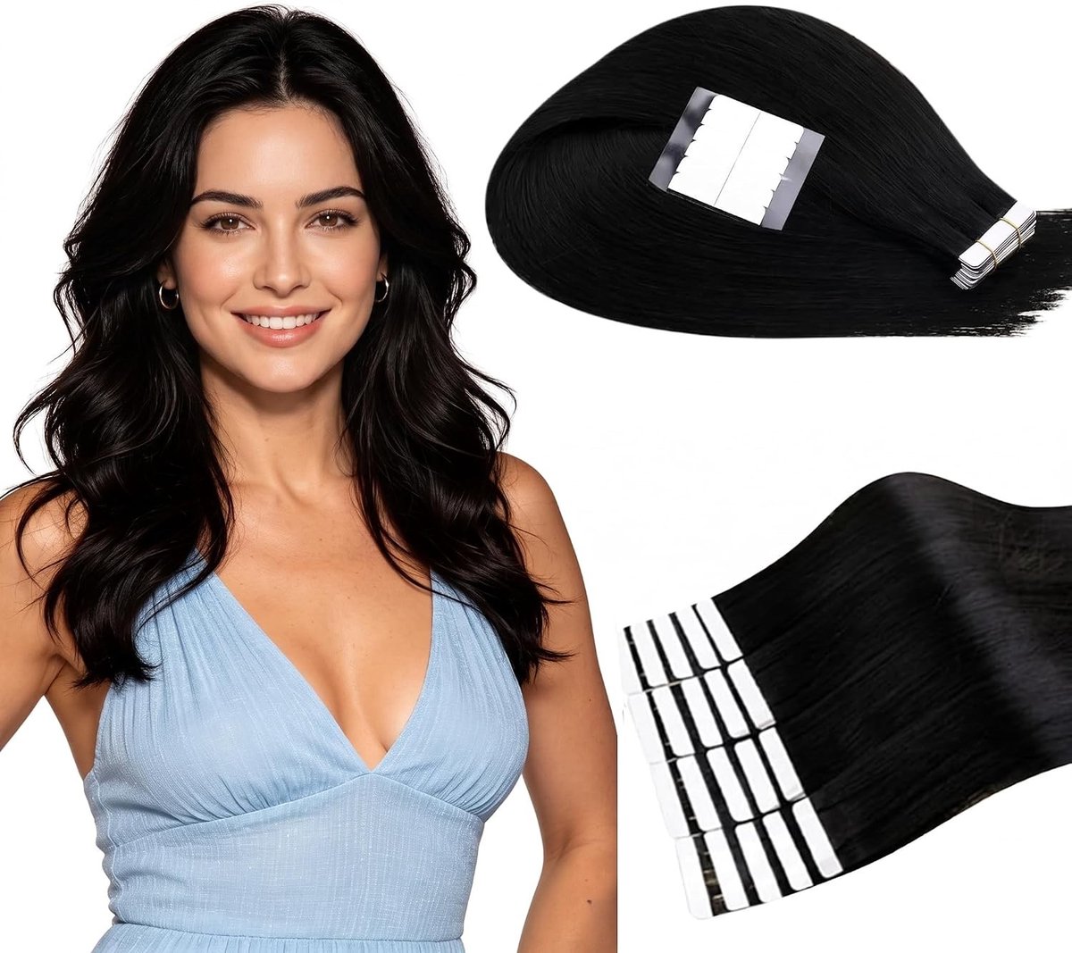 Tape Extensions van Echte Mensenhaar - Zwarte Tape-In Haarextensions, Natuurlijke Skin Weft, 20 Stuks/50g, 24 Inch/60 cm, Perfect voor Volume en Lengte