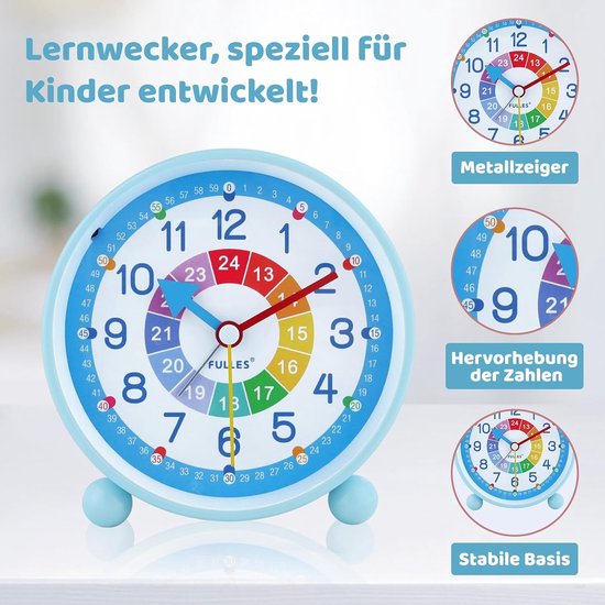 Kinderwekker Analoog - Educatieve Wekker - Tijd Leren - Stil Werking - 115 cm Diameter - Blauw — afbeelding 5