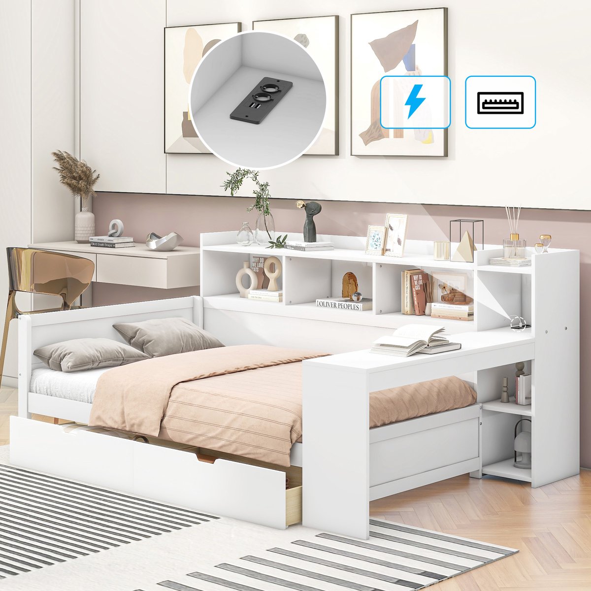Dagbed met bureau, opberglades en USB - multifunctioneel slaapbank - 90x200 cm eenpersoons - wit - met stopcontact en nachtkastplank - 2 laden en onderbordessen - stevig MDF en spaanplaat