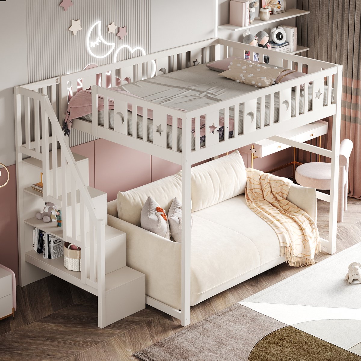 Kinderhoogbed met zitbank en opberging - 140x200 cm eenpersoons - wit - trap met legplanken - ster- en maandecoratie - veiligheidsrek