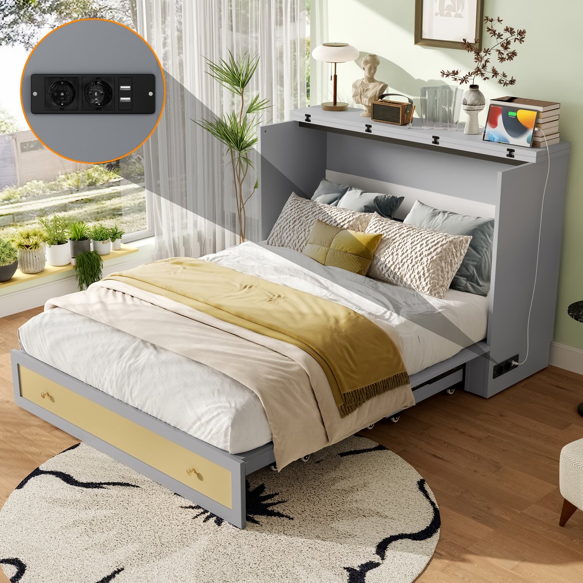 Mobiel kastbed met lades en USB-oplaadstation - 140x200 cm tweepersoons - Grijs - Ombouwbaar tot platformbed - Inclusief opbergrek aan hoofdeinde - Exclusief matras