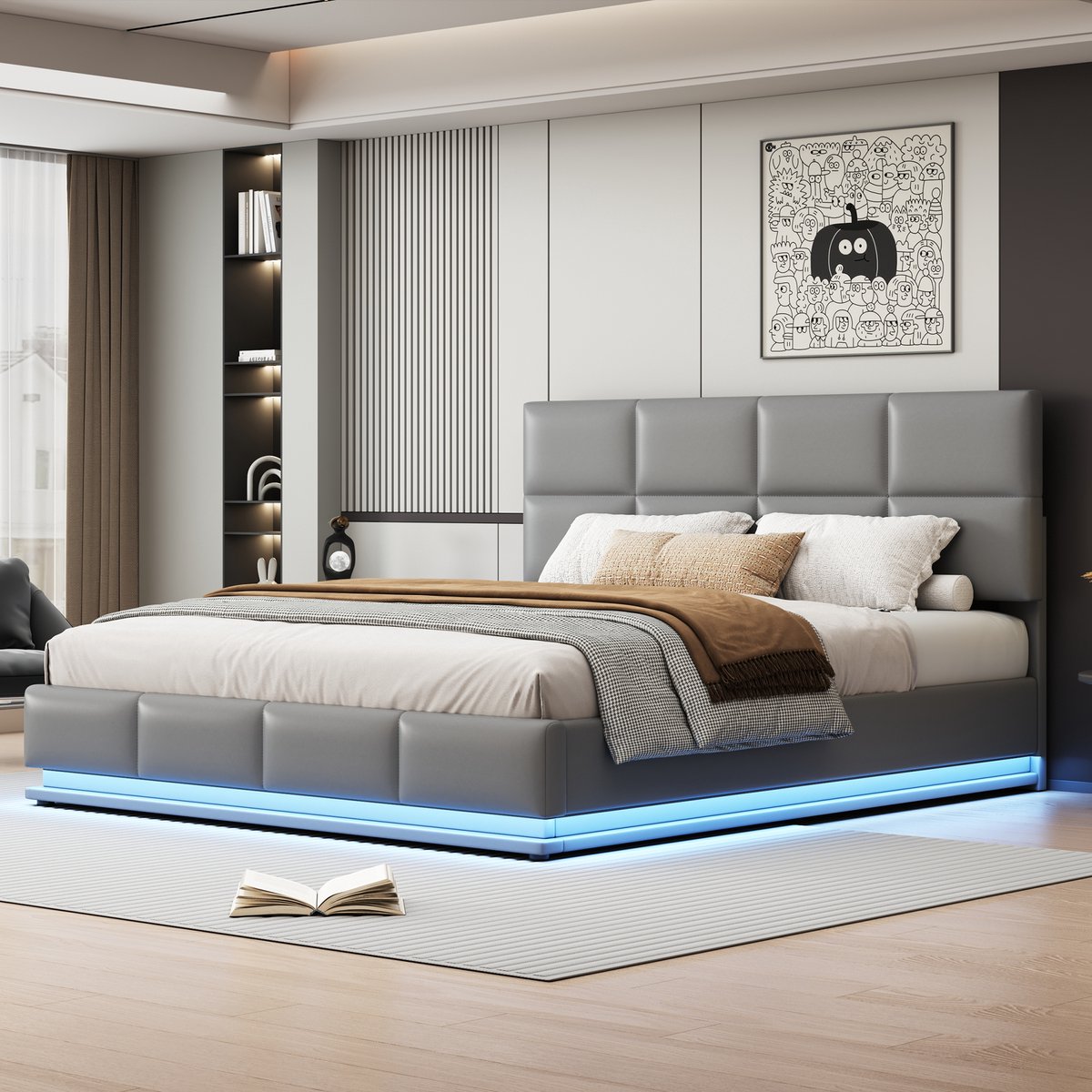 Gestoffeerd opbergbed met LED en hydraulisch systeem - 180x200 cm tweepersoons - hellgrijs kunstleer - 16 kleuren sfeerverlichting en verstelbaar hoofdeinde - ruime opbergruimte onder het bed