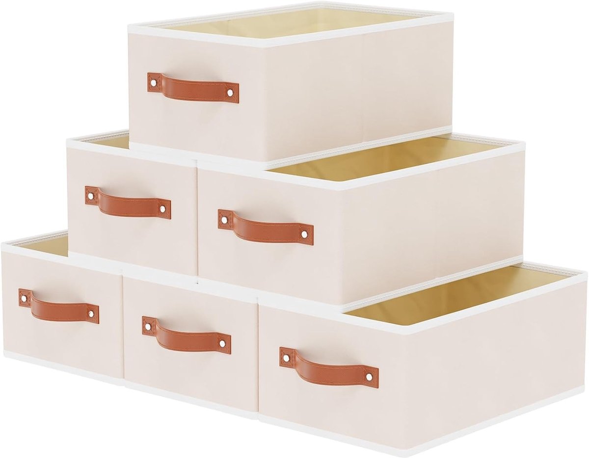 Set van 6 Vouwbare Opbergmanden met Handvat voor Kleding, Badkamer en Keuken, 41 x 25 x 16,5 cm, Beige