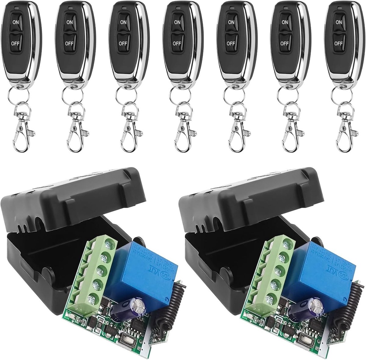 Draadloze afstandsbediening schakelaar 433MHz DC 12V 1CH RF relais ontvanger met zender, ideaal voor garagedeuropeners en verlichting, inclusief 2 ontvangers en 7 afstandsbedieningen