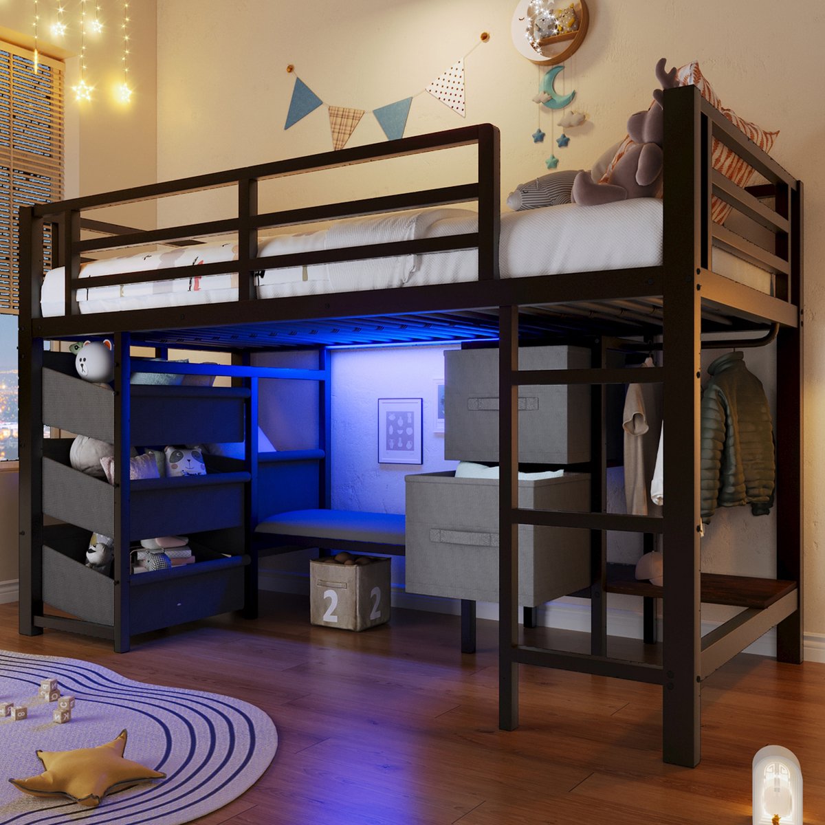 Halfhoog bed met zitkussen en LED-verlichting - 90x200 cm eenpersoons - Zwart - Stoffen opberglade en opbergvak - Kledinghaak - Meerkleurige sfeerverlichting