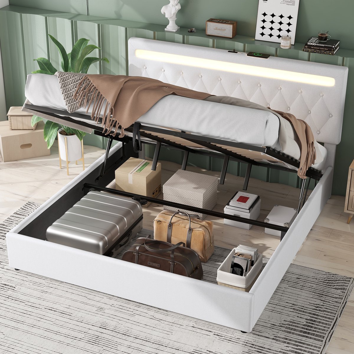 Gestoffeerd opbergbed 180x200 cm - Hydraulische lift en app-gestuurde LED - 2 personen - Wit - USB-C en USB-A oplaadpoorten - Inclusief lattenbodem