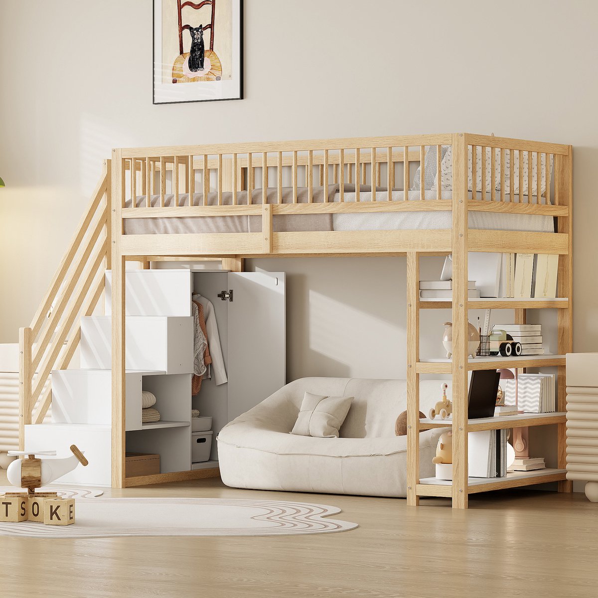 Hoogslaper 90x200 cm - met kledingkast, legplanken en opbergtrap - eenpersoons - houtkleur - massief grenen frame - hoge veiligheidsomheining - inclusief lattenbodem