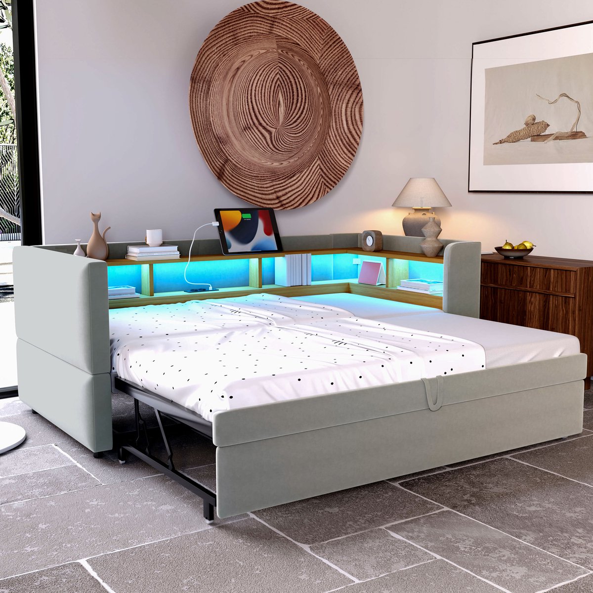 Uitschuifbare slaapbank - 2-in-1 een- of tweepersoonsbed - 90/180x190 cm - Lichtgrijs - Met LED-verlichting, stopcontacten en opbergvakken - Stabiele metalen constructie