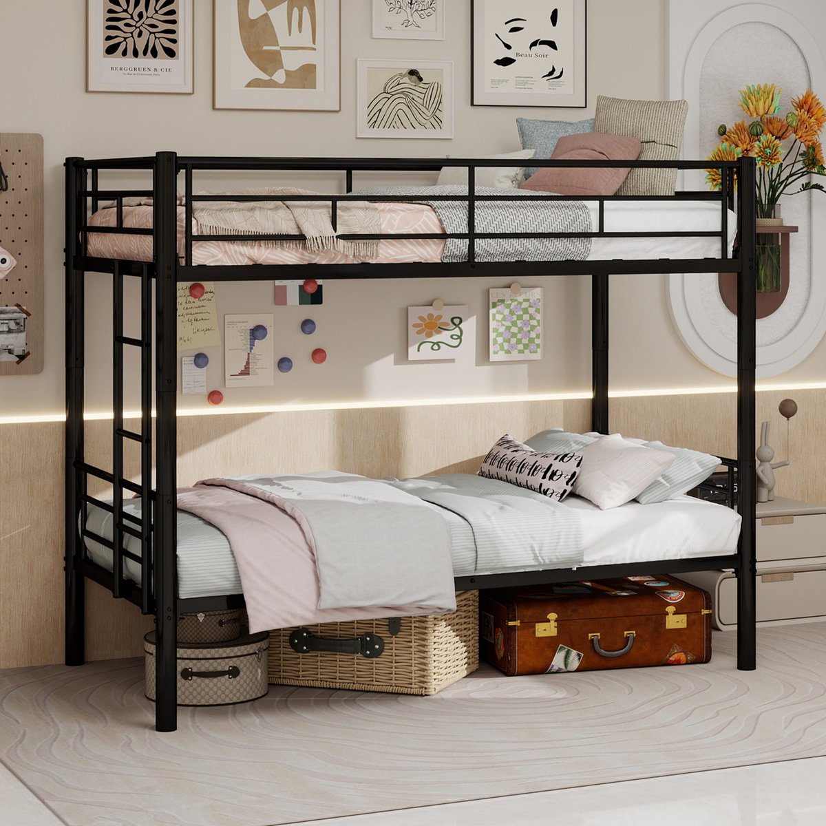 Metalen stapelbed - Ombouwbaar tot twee eenpersoonsbedden - 90x190 cm onderbed - Klassiek zwart - Antislip ladder met brede treden - Hoog veiligheidshek - Robuust stalen frame tot 200 kg