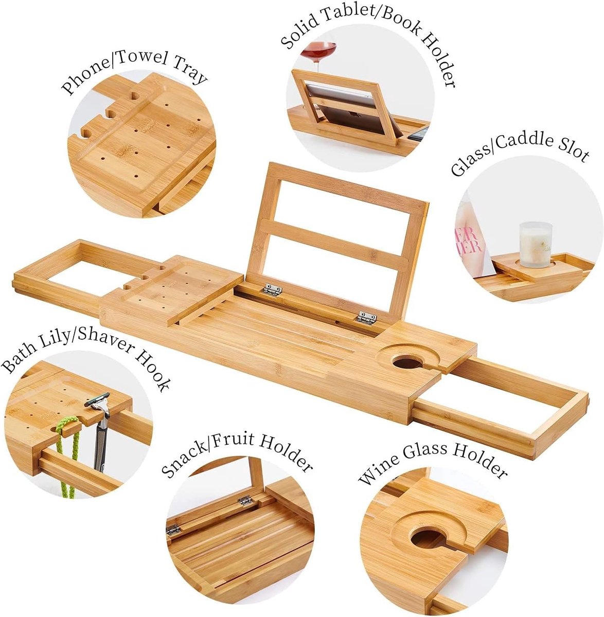 Bamboe Bad Caddy Tray - Verstelbare Bad Tray voor Ontspanning in het Bad met Accessoires