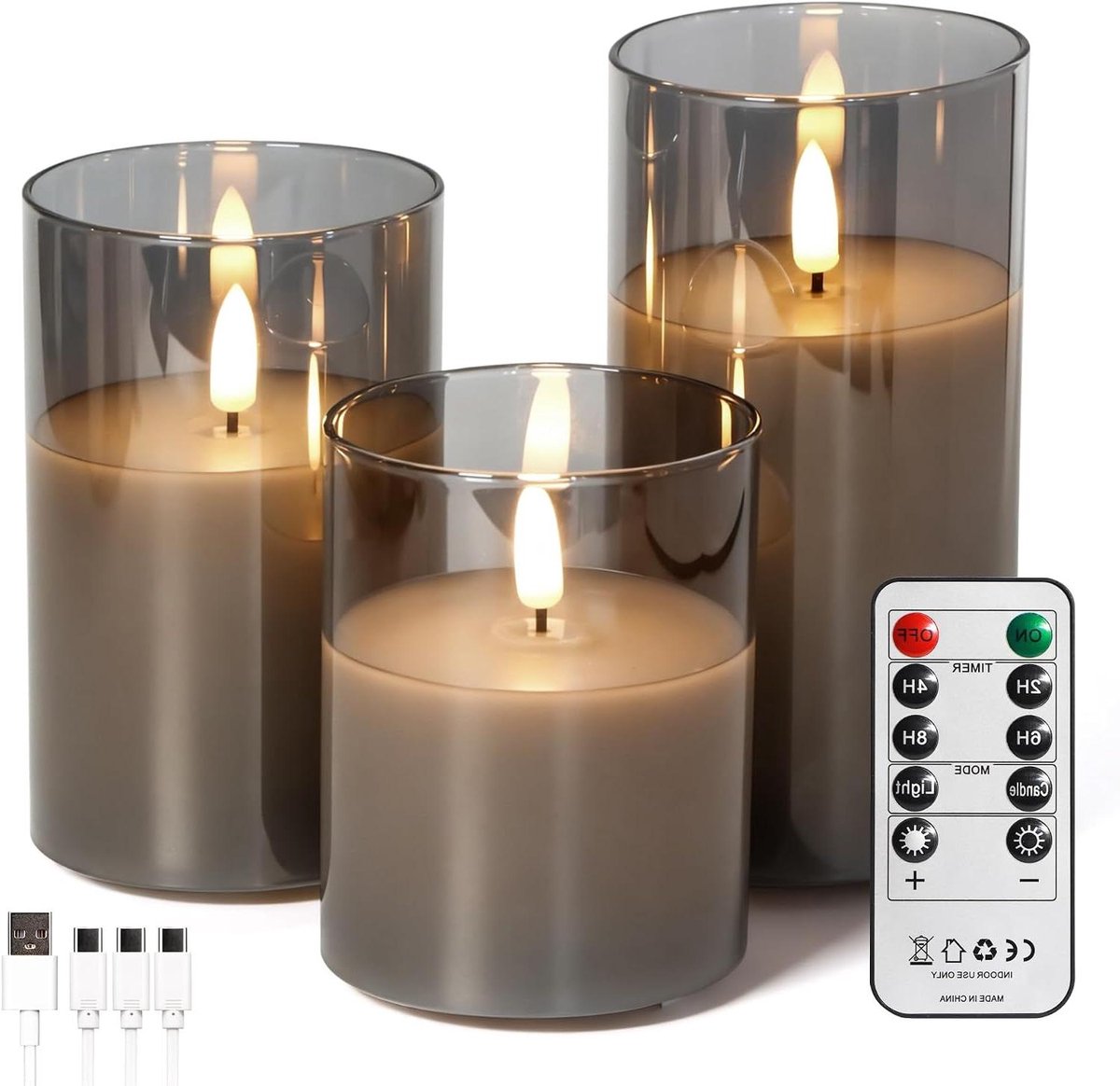 Led-kaarsen - Vlamloze kaarsen - Sfeervol decoreren - Oplaadbaar met timer - Set van 3 - Grijs