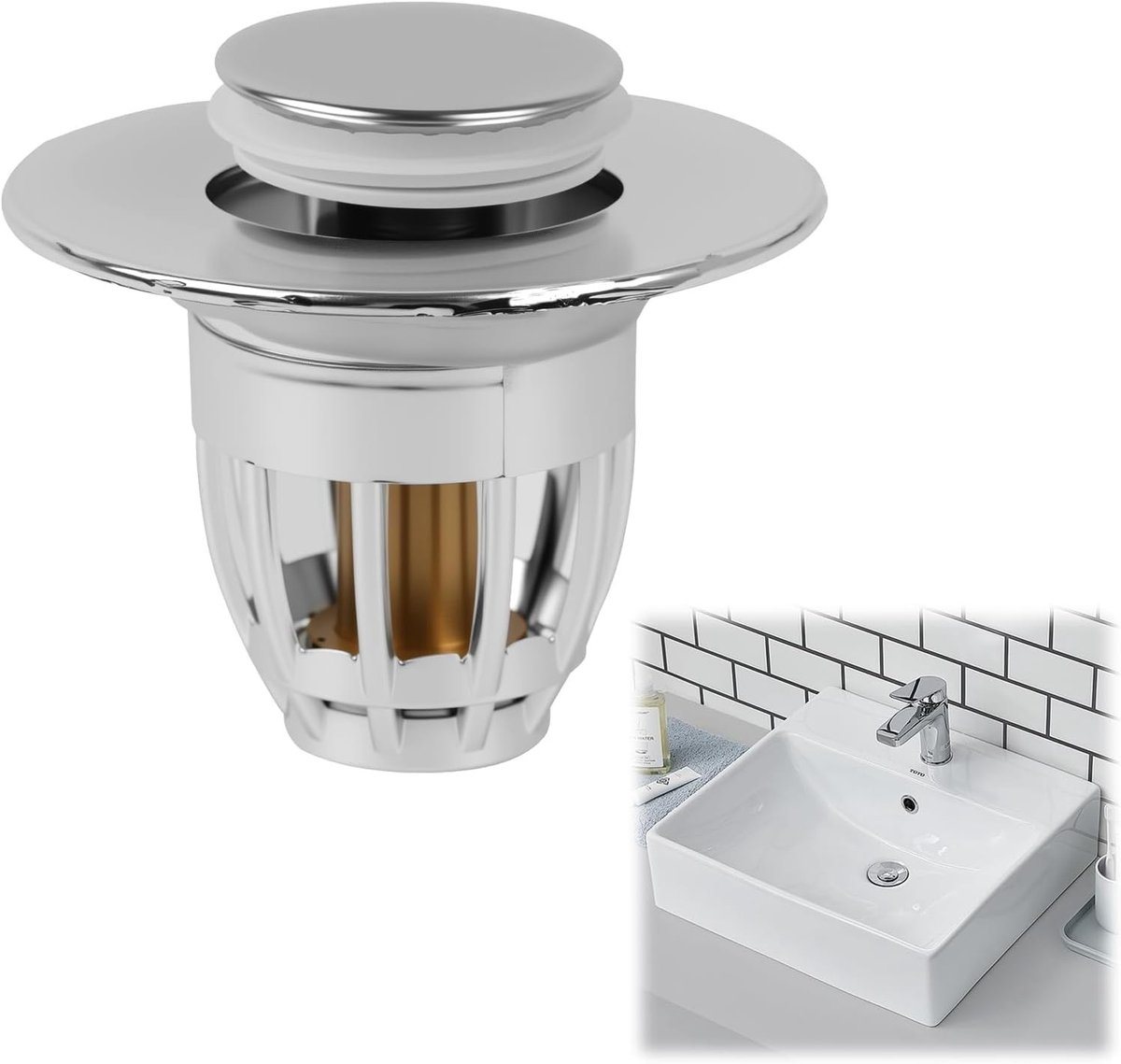 Vervangbare pop-up gootsteenstop voor keuken en badkamer, roestvrijstaal, inclusief dubbele O-ringen voor optimale afdichting en gebruiksgemak