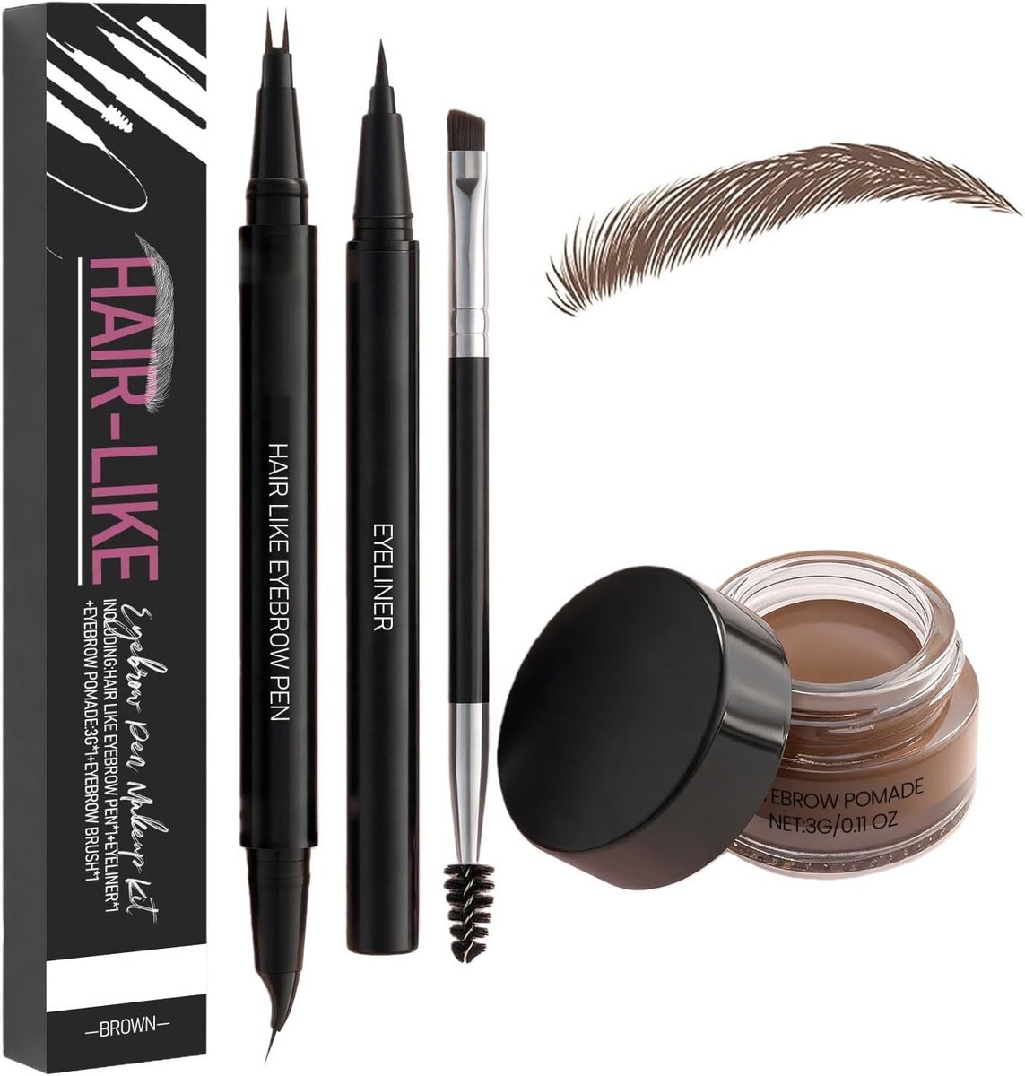 3-in-1 Oogbrauw Make-up Set, Waterdichte Oogbrauwpotlood, Oogbrauwpen en Wax voor Volle Haardos, Donkerbruin