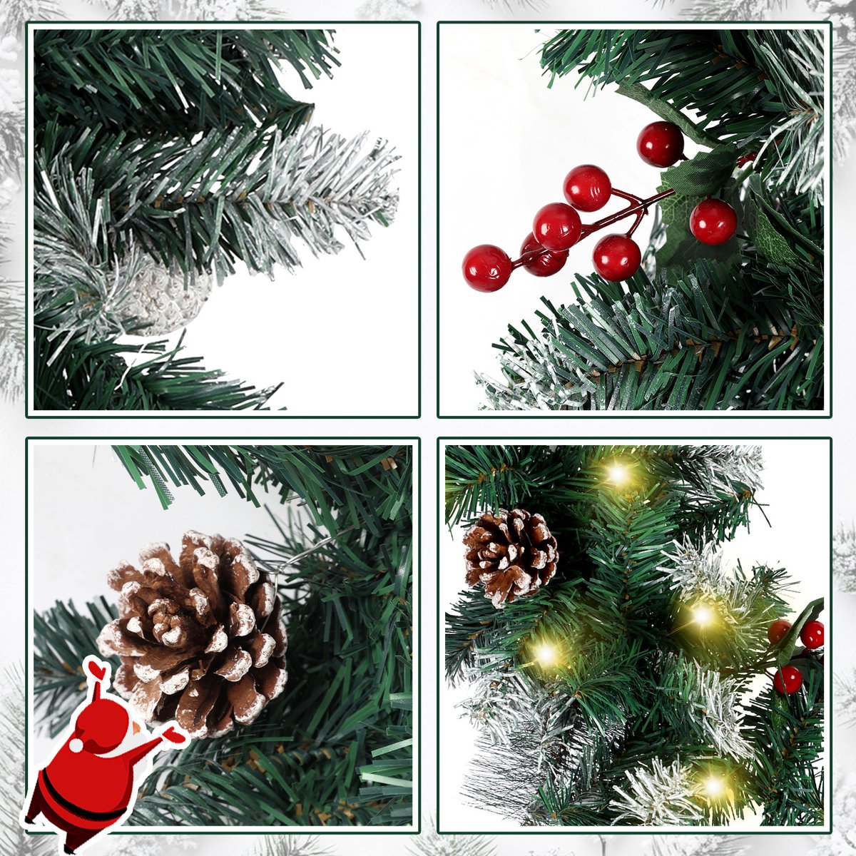 Kunstmatige kerstguirlande, 2.7 m, 50 warmwitte LED-verlichting, met kerstballen, sneeuwvlokken en strikken, USB-voeding, op batterijen - voor binn... – foto 7