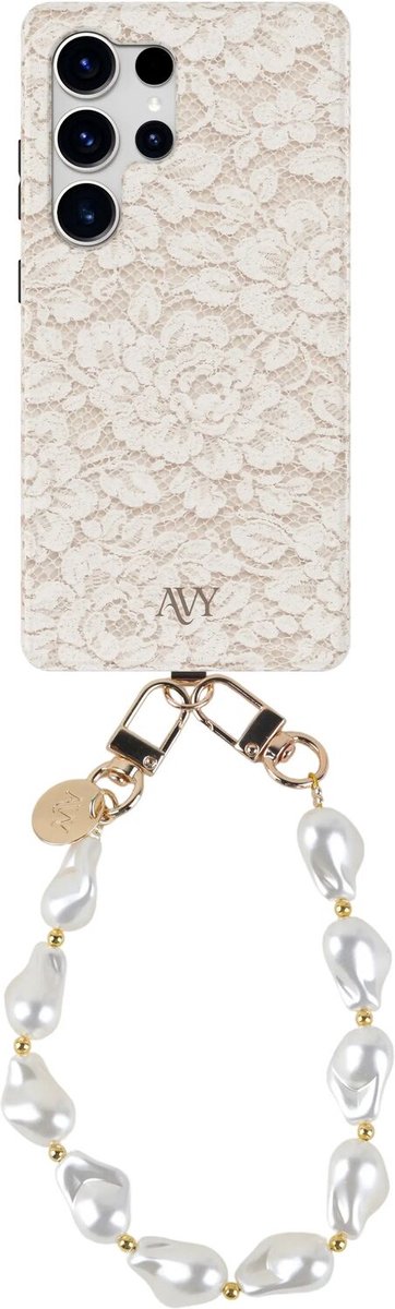 AVY Hoesje Met Telefoonkoord | Geschikt voor Samsung Galaxy S25 Ultra | Compatibel met MagSafe & Qi2 | Hard Shell Back Cover | Stijlvol Bijpassend Koord Polsbandje (32CM) | Vintage Lace