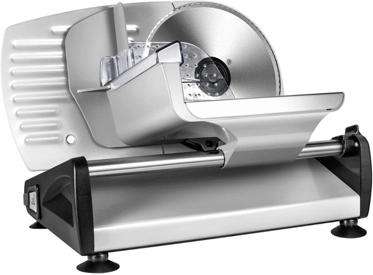 Klarven® Vleessnijmachine Zilver - Instelbare snijdikte 0-15 mm - ECO-motor 150 W, Roestvrij stalen mes - Snijdt vlees, worst, kaas en brood - B 25 x D 26 x H 36 cm
