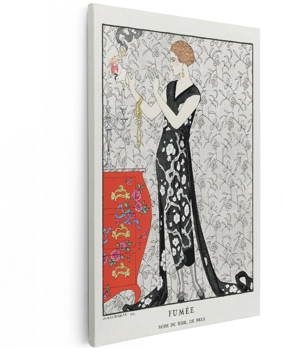 Artaza Canvas Schilderij Vrouw - 100x150 cm - Groot - Wanddecoratie Art Deco - Muurdecoratie Vintage Avondjurk - Decoratie Bloemen Schilderij