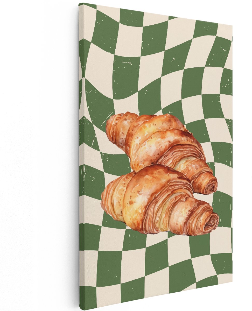 Artaza Canvas Schilderij Croissants - 100x150 cm - Groot - Wanddecoratie Retro Keuken - Muurdecoratie Vintage Eten - Decoratie Groen Geblokt