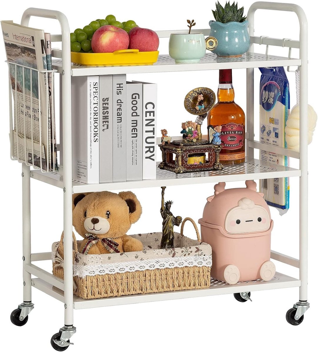 3-Tier Metalen Mesh Utility Kar, Multifunctionele Zware Voertuig met Grote Capaciteit, Rollende Trolley met Haken en Mand, Wit, Ideaal voor Opslag en Organisatie