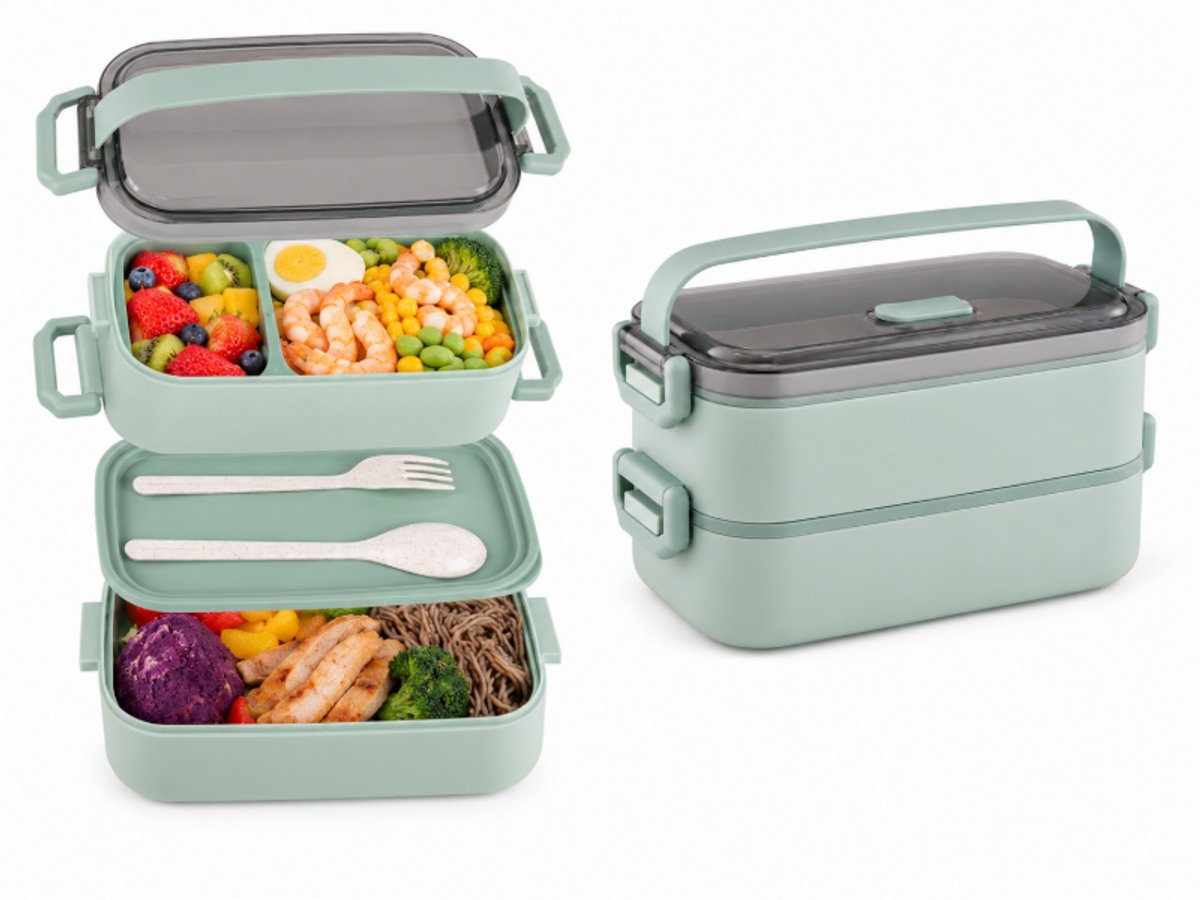 Lunchbox - Lunchbox Volwassenen - Bento Box - RVS Broodtrommel - Dubbellaagse Lunchbox - Lekvrije Meal Prep Container voor School en Werk - BPA-Vrij met Bestek - groente