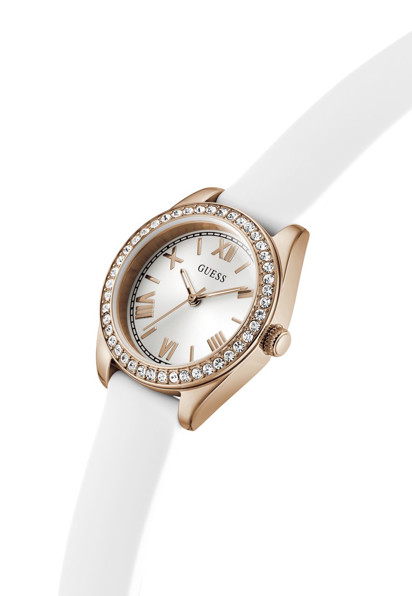 Guess Mini Luna Quartz Analoog Horloge Wit Kast Gemaakt Van 100% Roestvrij Staal En Een Armband Van 100% Siliconen 30 GW1000L1, GW1000L3, GW1000L4