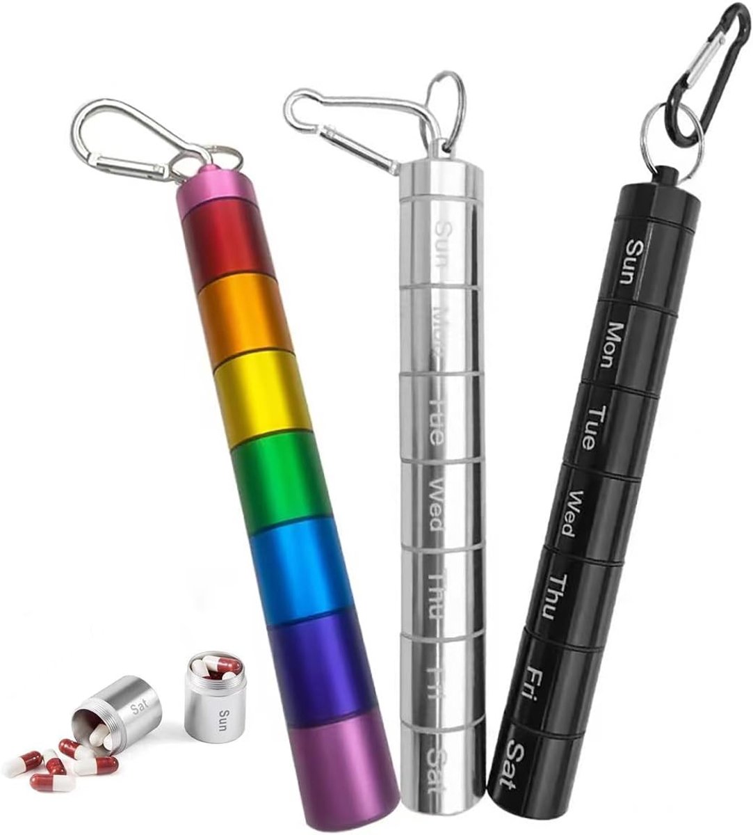 Tablettenbox voor 7 dagen - Aluminium pillendoos met 7 vakken, medicijn-organizer, waterdicht en met sleutelhanger en karabijnhaak