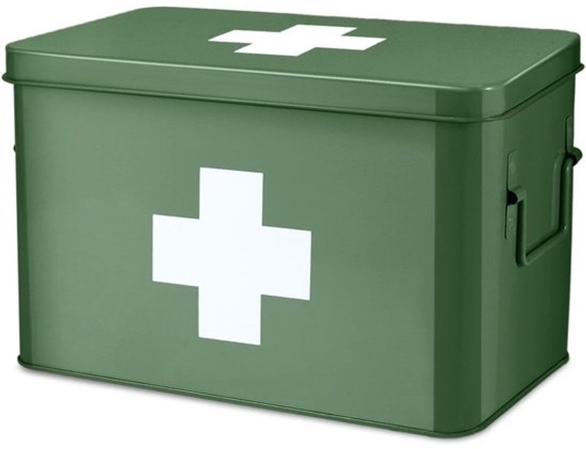 Medicijnbox voor Noodgevallen - Metalen Apotheekbox met Afneembaar Dienblad en 5 Vakken - 31 x 21 cm - Groene Opbergdoos