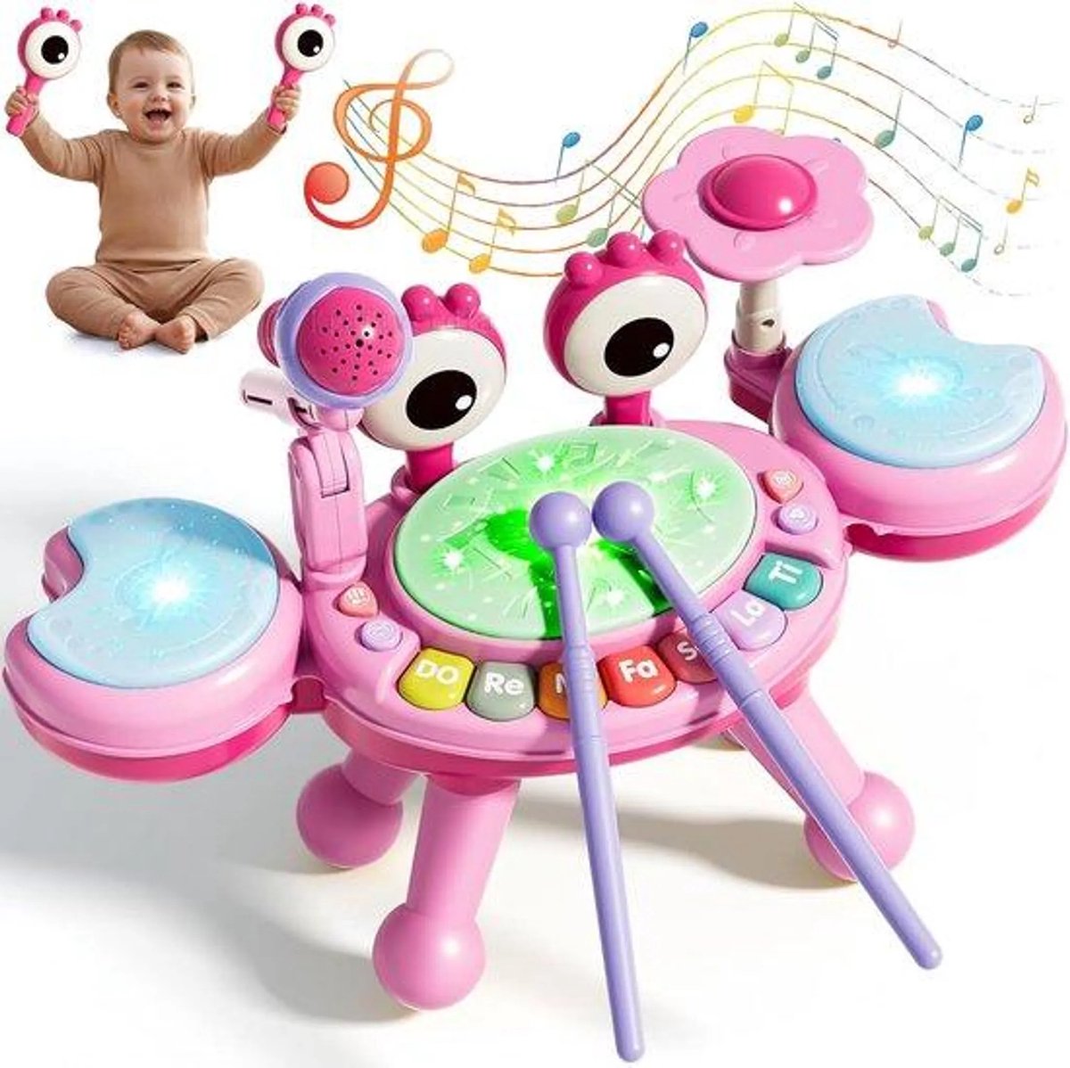 casalora - 4-in-1 Drum & Zing voor Baby en Peuter - Interactief Speelgoed - Educatief Baby Speelgoed - Met Jazz drums, elektronisch keyboard, microfoon, fluitje - Met lichteffecten en Geluid - Cadeau - Baby Muziek Instrument 6 maanden + - Roze